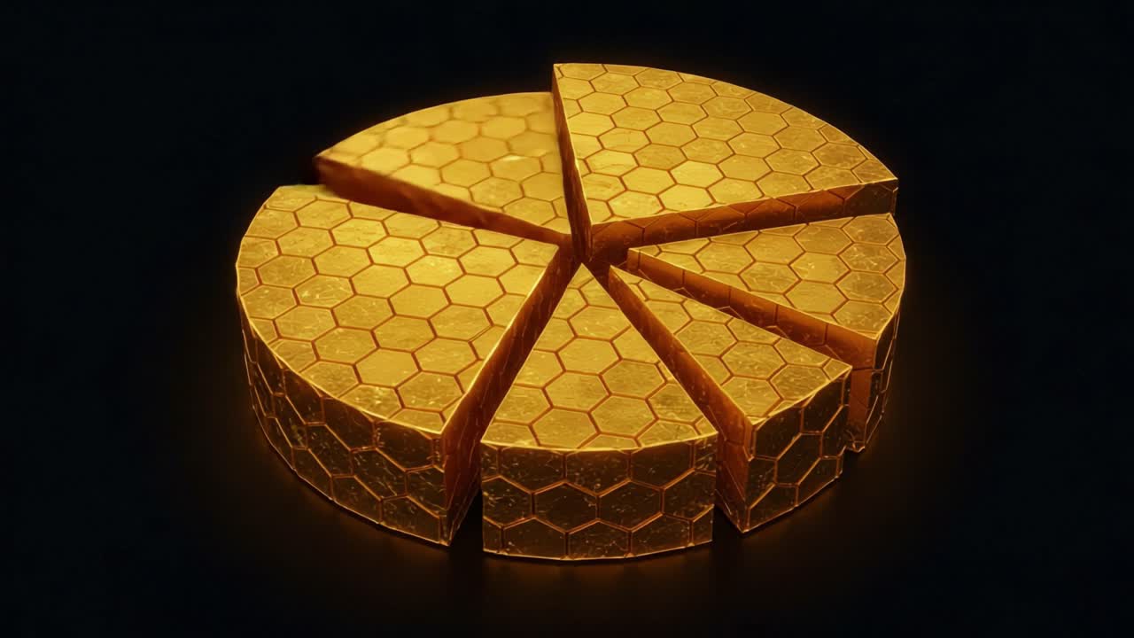 A Stunning Display of Hexagonal Gold Cake Segments Showcasing the Intricate Design and Texture of Each Slice in a Darkened Background