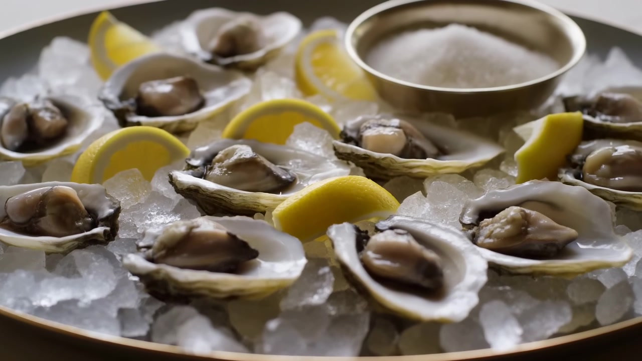 Close-up of raw oysters arranged on crushed ice with bright lemon wedges and a small sauce dish, creating a fresh seafood presentation under soft natural light