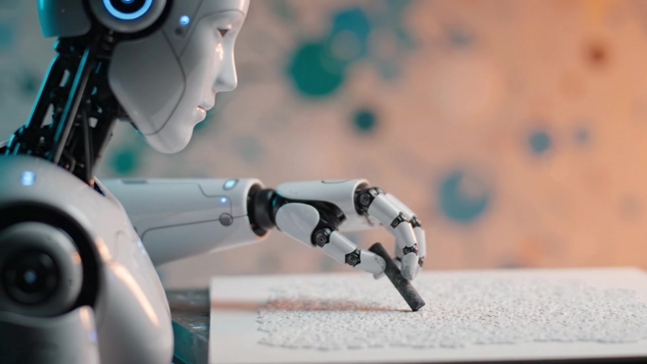 Robotik Bir El, Renkli Soyut Arka Planların Fütüristik Ortamında Teknolojiyi Yaratıcılıkla Harmanlayarak Tuval Üzerinde Sanatsal Desenler Yaratıyor