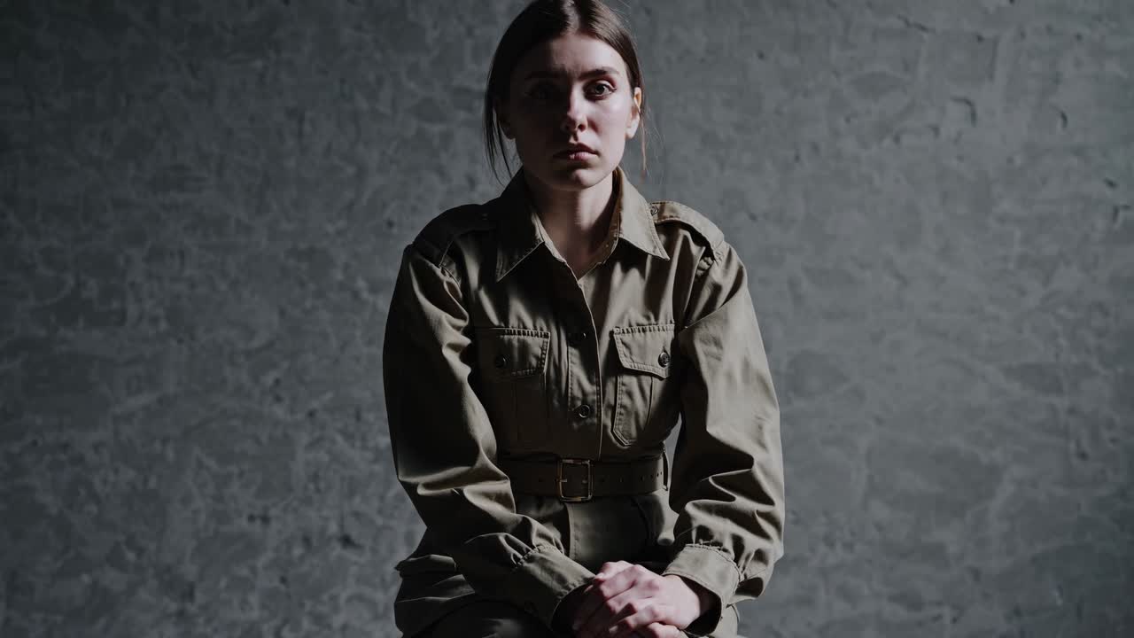 una mujer joven con un uniforme militar o de seguridad se sienta en un simple banco de madera contra una pared de hormigón gris, su expresión pensativa y seria