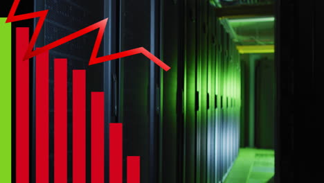 animación del procesamiento de datos estadísticos frente a una sala de servidores de computadora vacía
