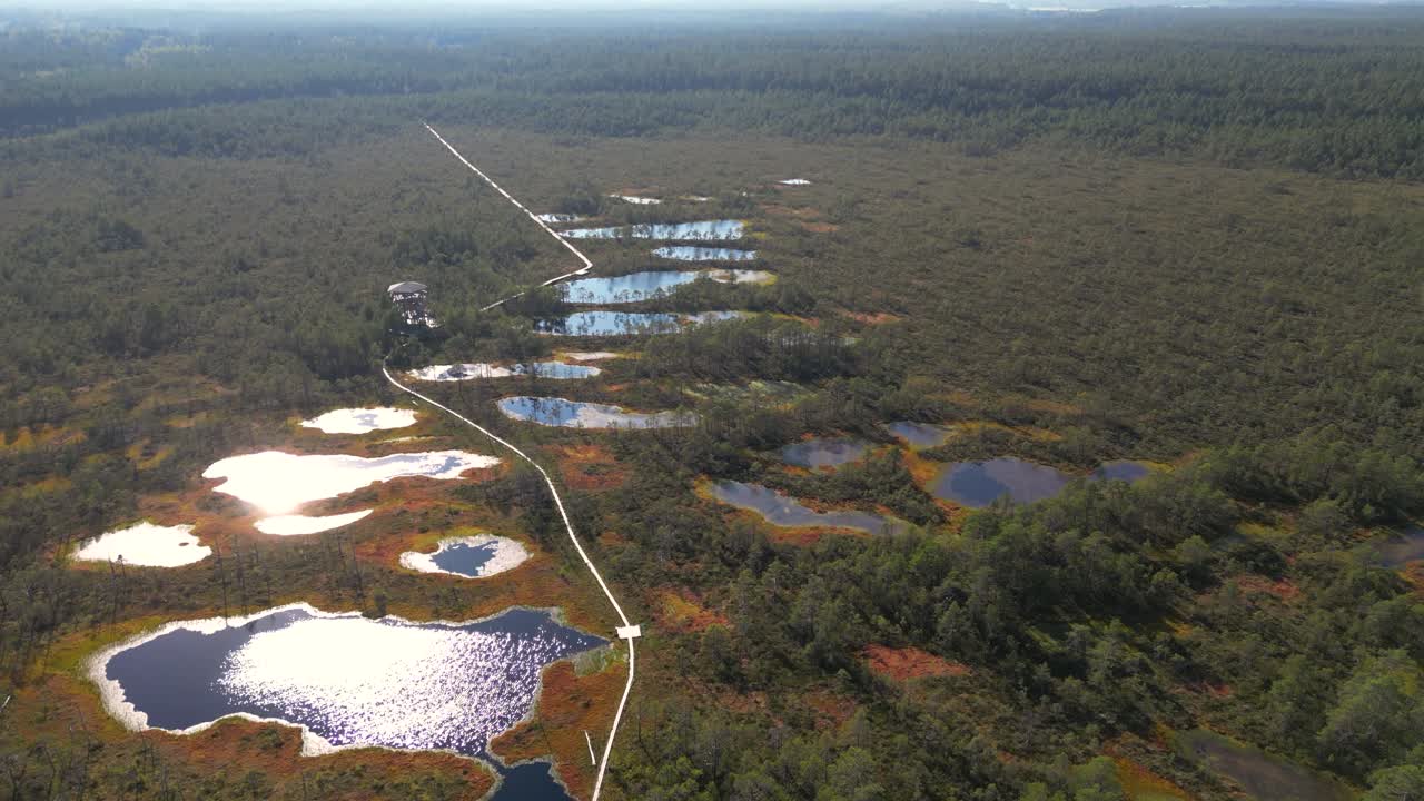 Stunning drone cinematic reveal over sparkling lakes in natural area