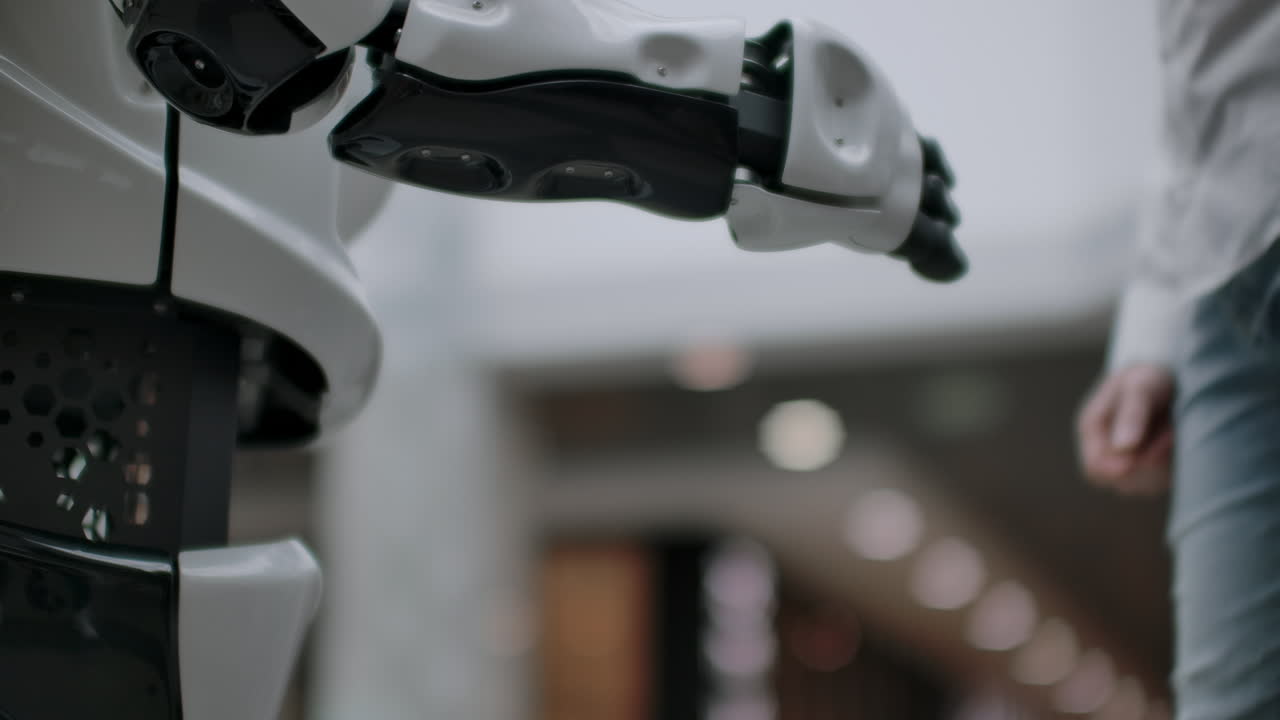 mano de un hombre de negocios estrechando la mano con un robot androide. el concepto de interacción humana con la inteligencia artificial.
