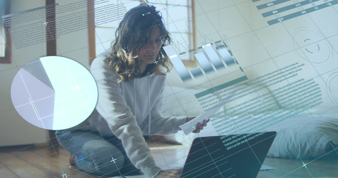 Animation of financial data processing over caucasian woman using laptop