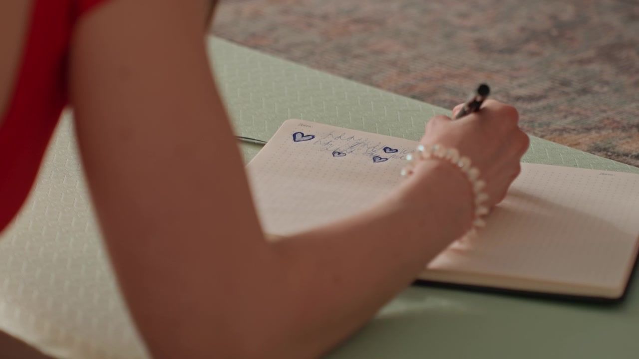 Donna sul tappetino da yoga che scrive un diario, primo piano della mano con braccialetto di perline, penna che scorre sul quaderno sul tappetino di casa, luce solare mattutina sul tappeto, umore calmo e riflessivo post-allenamento, pianificazione del fitness.