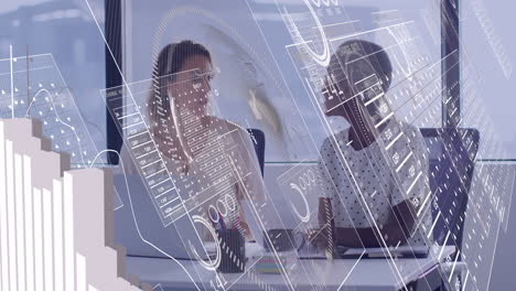 in office, businesswomen discussing animation of digital financial data on screen