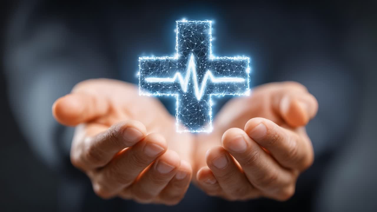 Illuminated Medical Symbol with Heartbeat Graphic Displayed between Hands, Representing Healthcare, Wellness, and Digital Innovation in Medicine