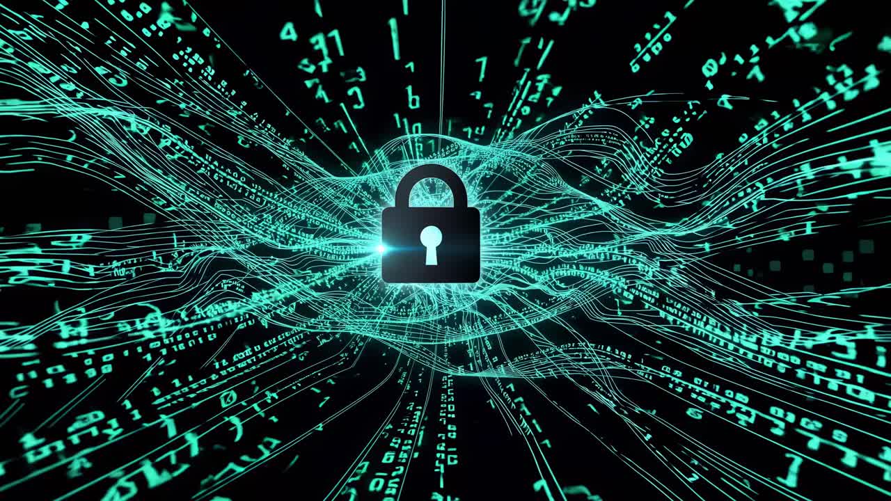 Futuristic video concept with a digital lock at the center, surrounded by flowing binary code