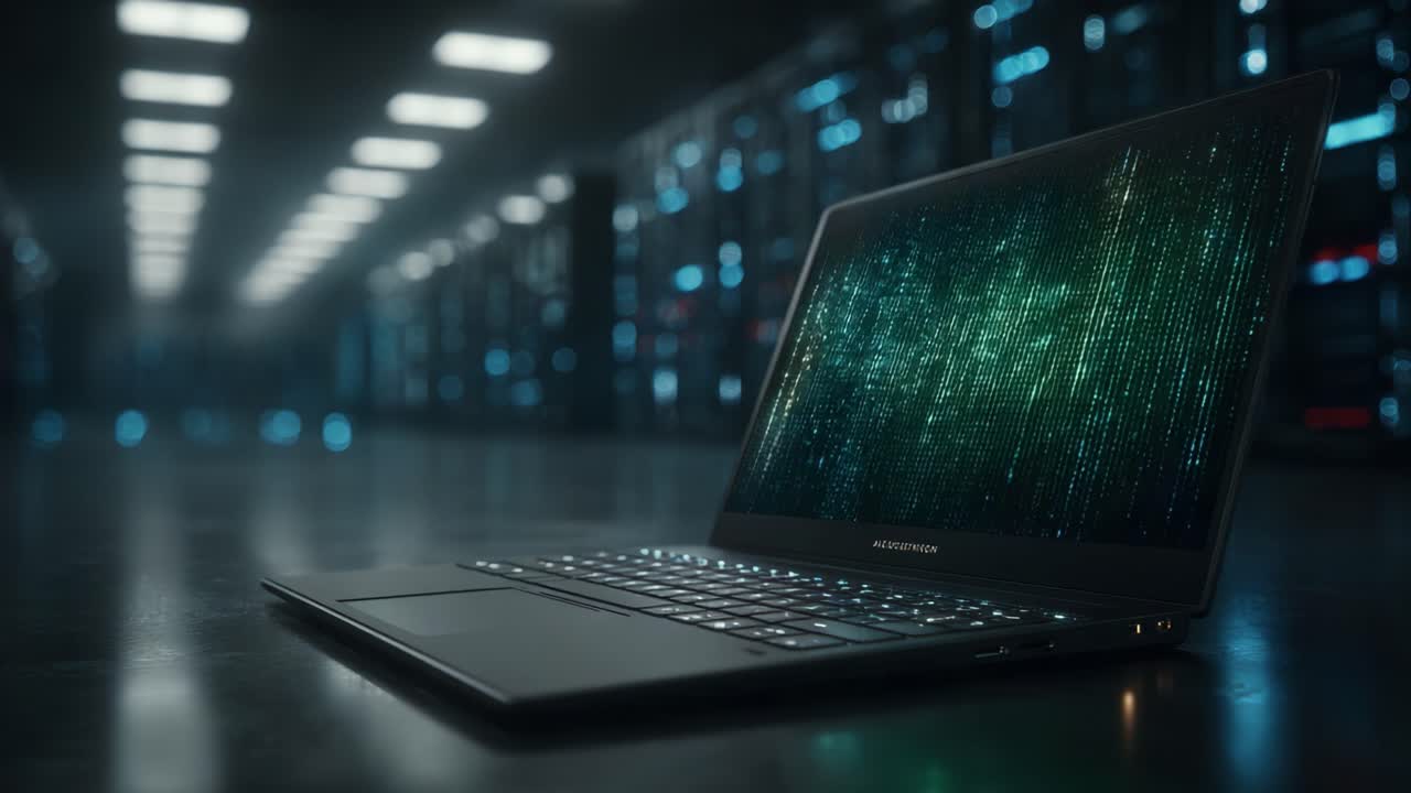 A sleek laptop showcases a captivating digital display, featuring a cascade of vibrant green data streams, illuminating the high-tech environment of a modern data center