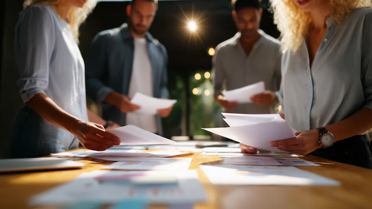 In a collaborative workspace, a diverse team of professionals engages in a dynamic discussion as they sort through various documents and papers on a wooden table, fostering creativity and teamwork