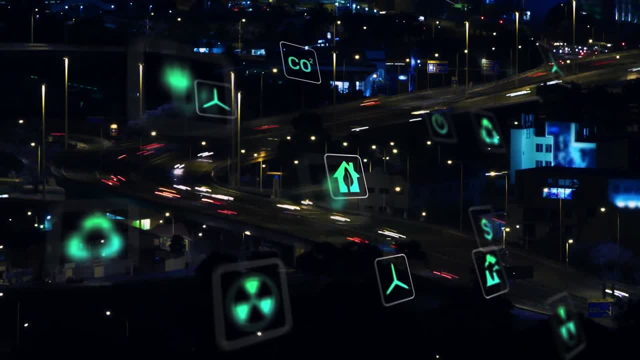 도시의 다리에서 이동하는 차량의 시간 간격에 따라 사각형의 여러 아이콘의 애니메이션