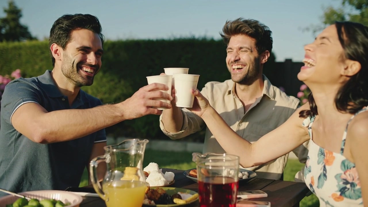 Freunde in Marineblau, Beige, Blumenmuster stoßen am Gartentisch mit weißen Pappbechern an; ein Krug ist sichtbar.