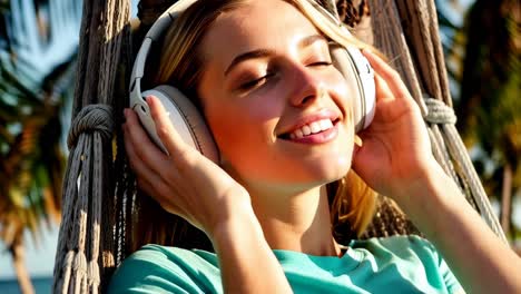 woman relaxing in a hammock with headphones