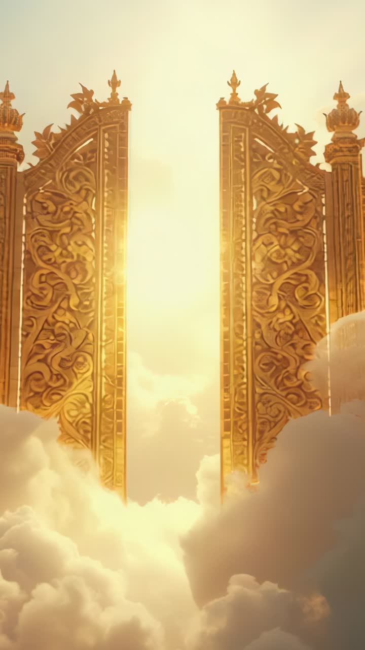 Vertical video: Sliding golden gates opening in sky as shifting clouds cause light flooding scene