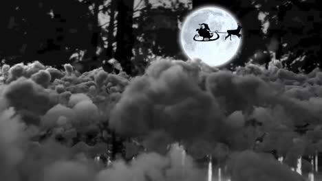 Animation-of-santa-claus-in-sleigh-with-reindeer-over-clouds-and-moon