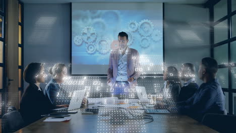 animation of binary coding data processing over diverse business people in office