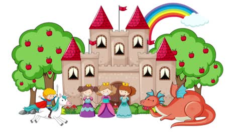 castle scene with princesses, dragon, and rainbow