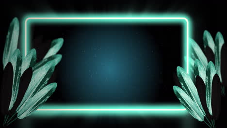 animatie van groene tropische bladeren met groen neonframe op donkere achtergrond.