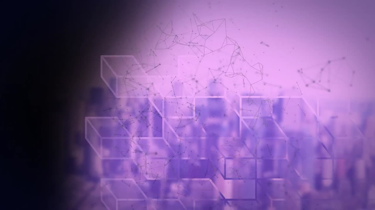 animación de red giratoria y bloques apilados sobre el paisaje urbano púrpura