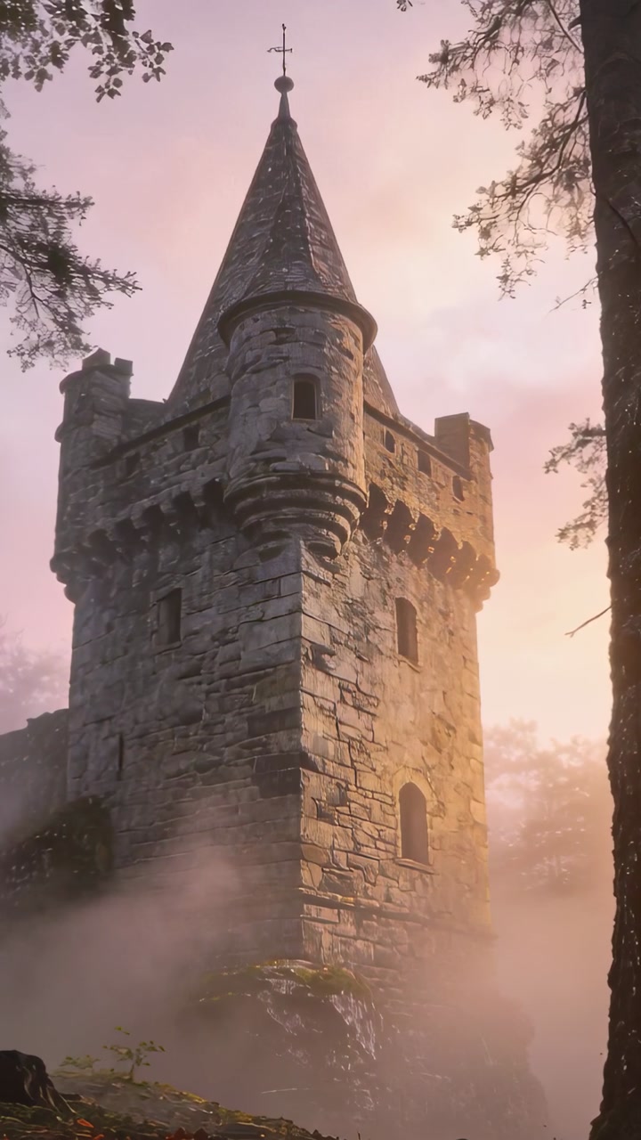 Vertical video: Dawn light nudging fog to drift, revealing tower with turret windows on misty hill