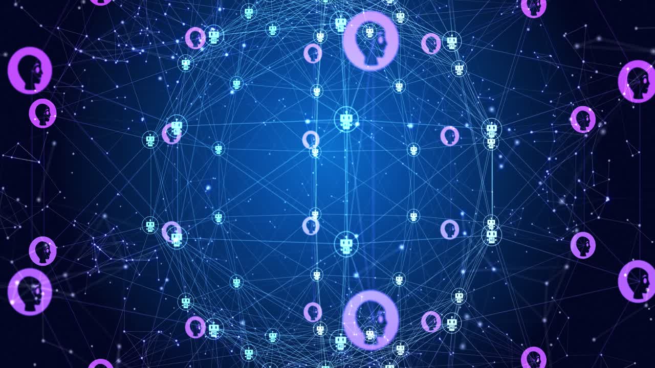 animación del globo de conexiones con iconos en fondo azul y negro