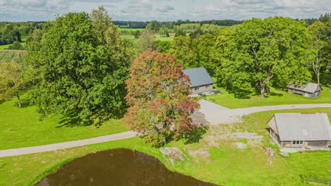 Vista-De-Drone-Giratorio-De-Lapso-De-Tiempo-De-La-Cabaña-Junto-A-Un-Estanque