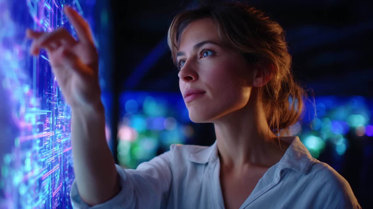Una donna concentrata interagisce con un vivace schermo digitale che mostra visualizzazioni di dati complesse e modelli luminosi, a simboleggiare l'innovazione e l'interesse negli ambienti guidati dalla tecnologia