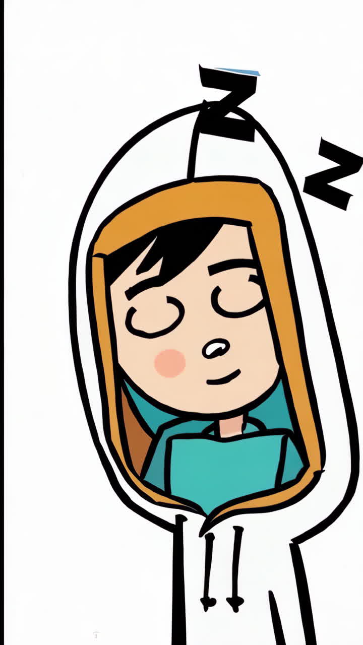 Personaje de dibujos animados con sudadera morada y expresiones cambiantes