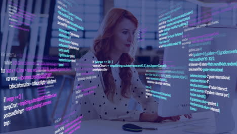 animación del procesamiento de datos sobre mujer de negocios caucásica en la oficina