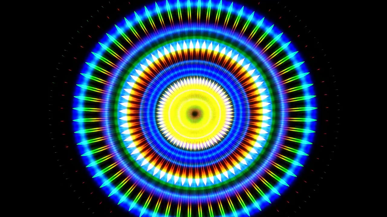 Patrón abstracto circular centrado de anillos concéntricos dentados y bordes festoneados en tonos neón brillantes sobre un fondo negro sólido. Con un brillo emisivo.