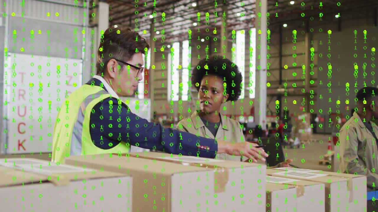 Supervisor gesturing toward paperwork and boxes, woman checking tablet and updating packing labels