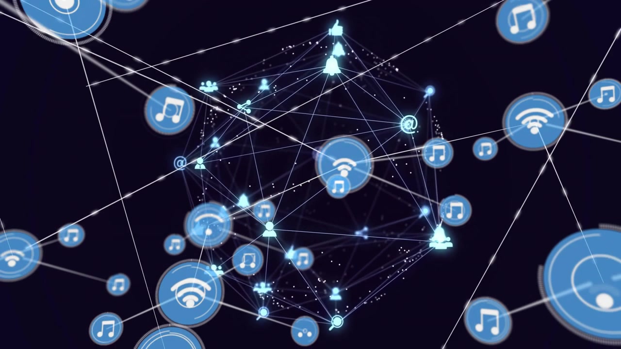 Pulsing central ring driving 3D network growing as rings spinning, shaping icons showing data flow