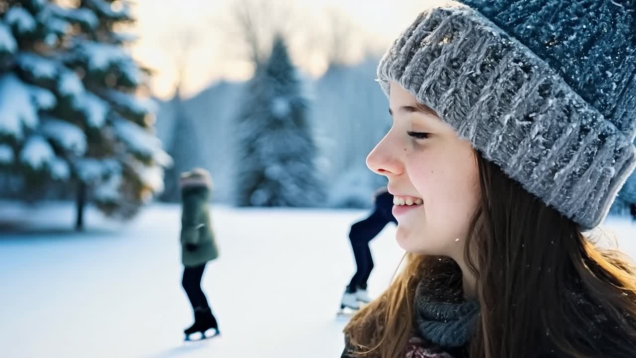겨울 모자와 눈에 미소 짓는 소녀