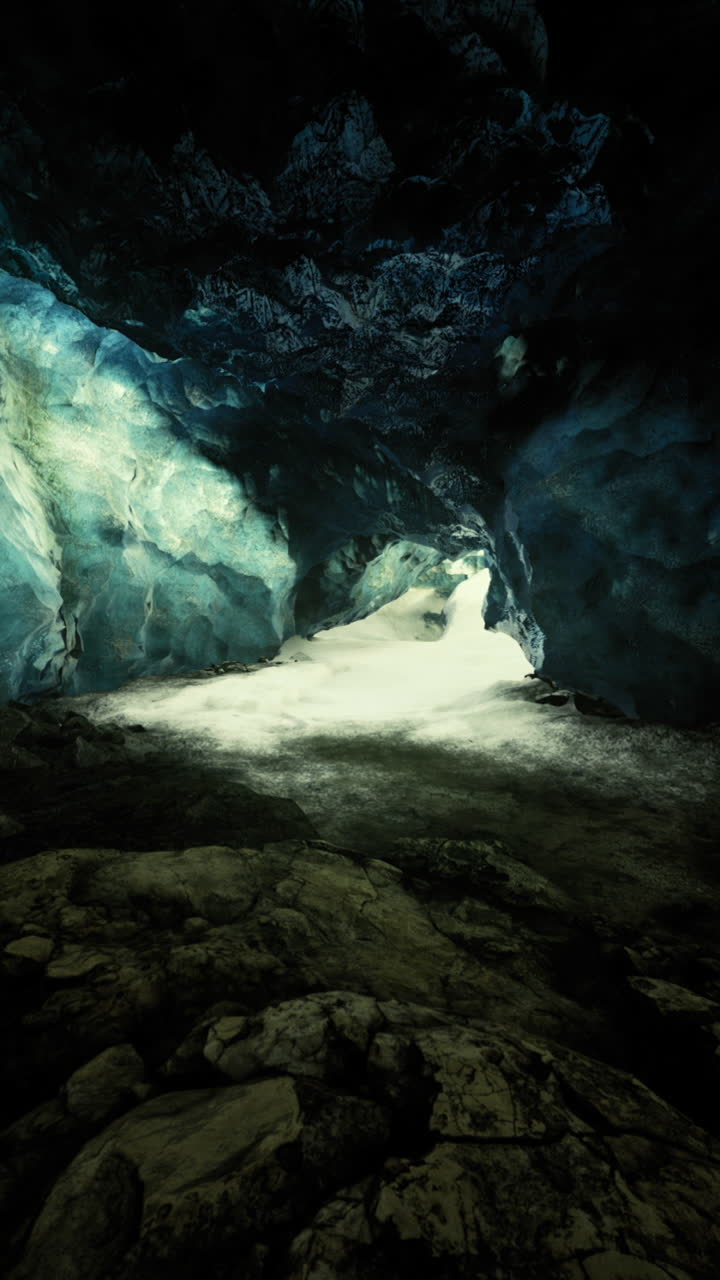 Exploring a mesmerizing ice cave with shimmering blue hues at twilight