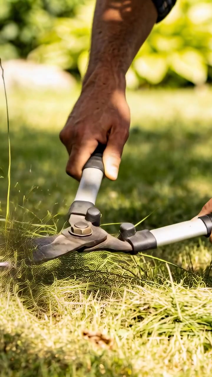 Uomo che impugna le cesoie e chiude le lame, tagliando il prato incolto per la cura del prato, lasciando i ritagli