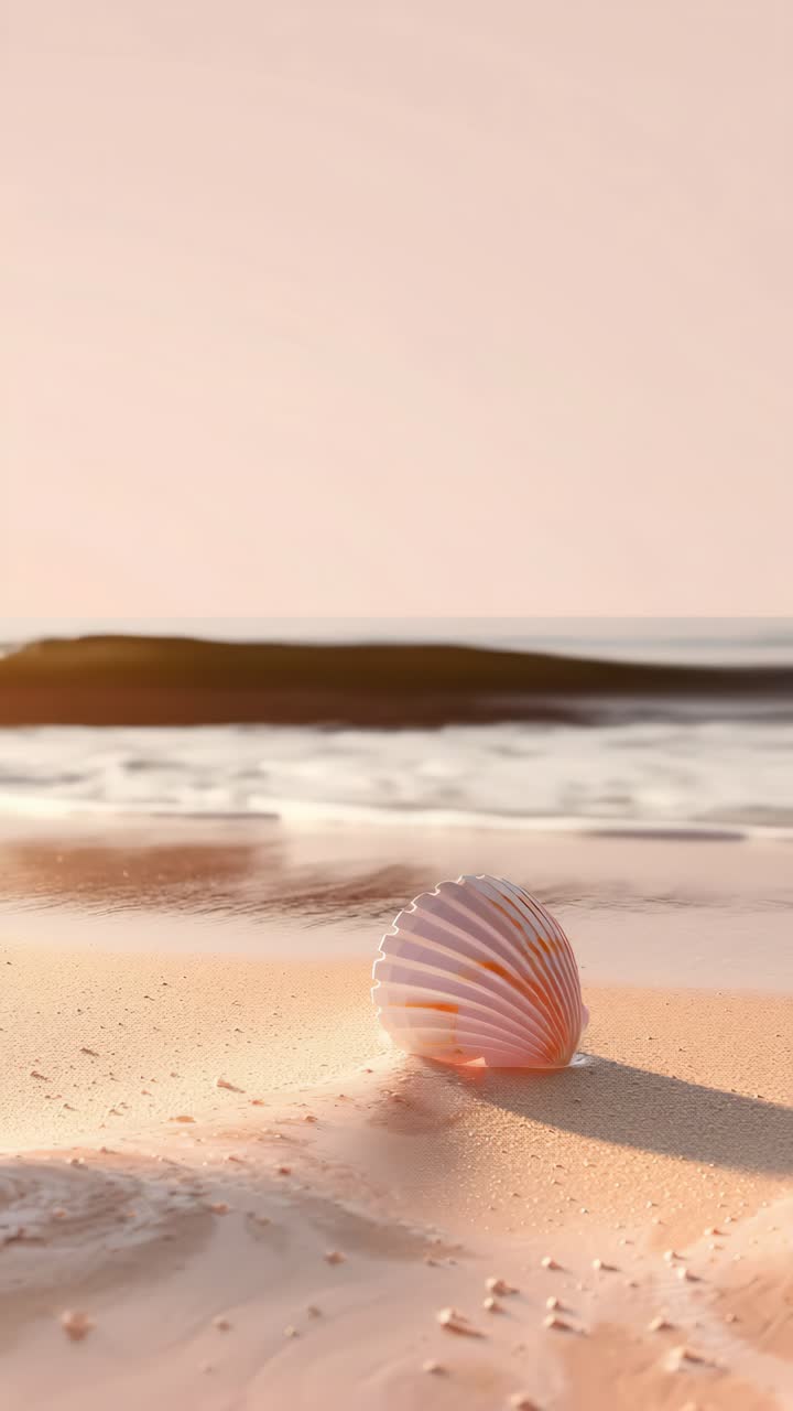 A serene beach scene with a seashell on wet sand, captured at a low angle