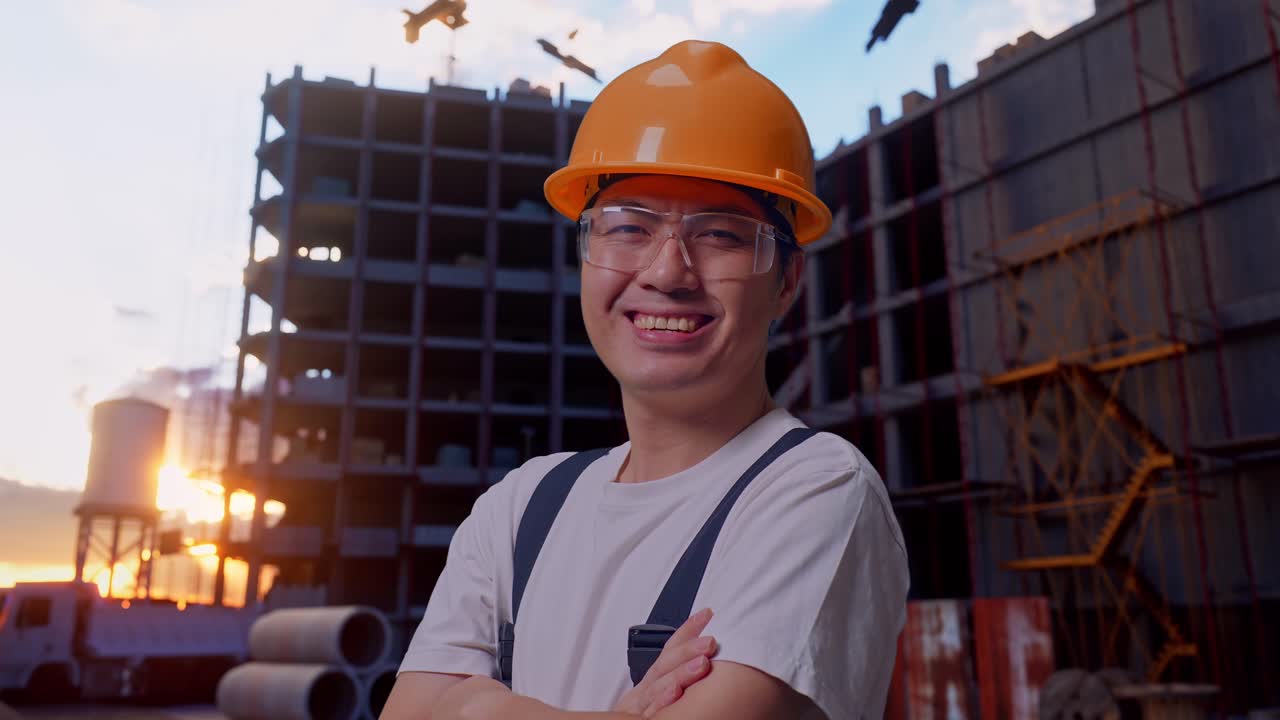 vista lateral de un trabajador asiático cruzando los brazos en un sitio de construcción