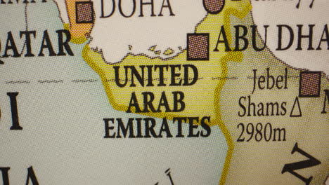 close-up of a map showing the united arab emirates and surrounding middle eastern countries