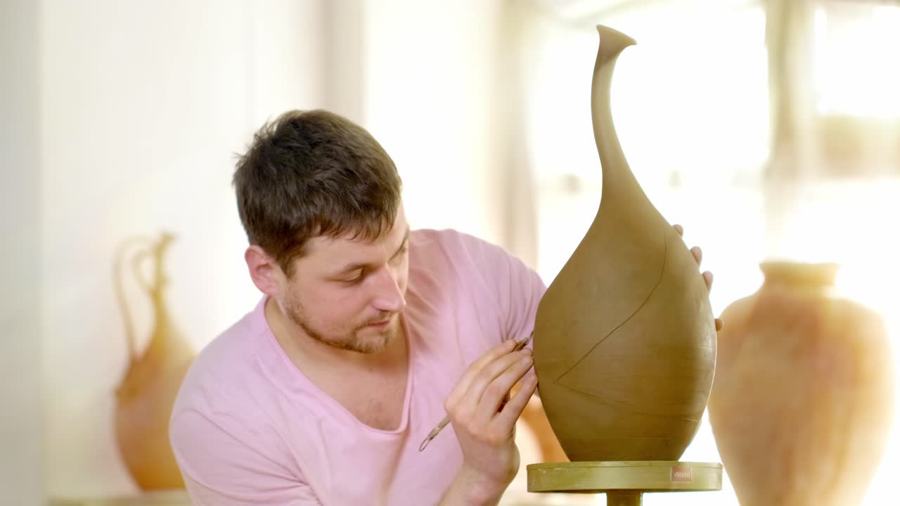 Pottery Artist Shaping Clay Vase