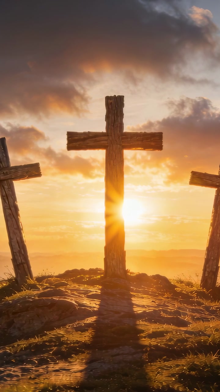 Vertical video: Rising sun backlighting three wooden crosses on rocky hilltop, producing lens flare