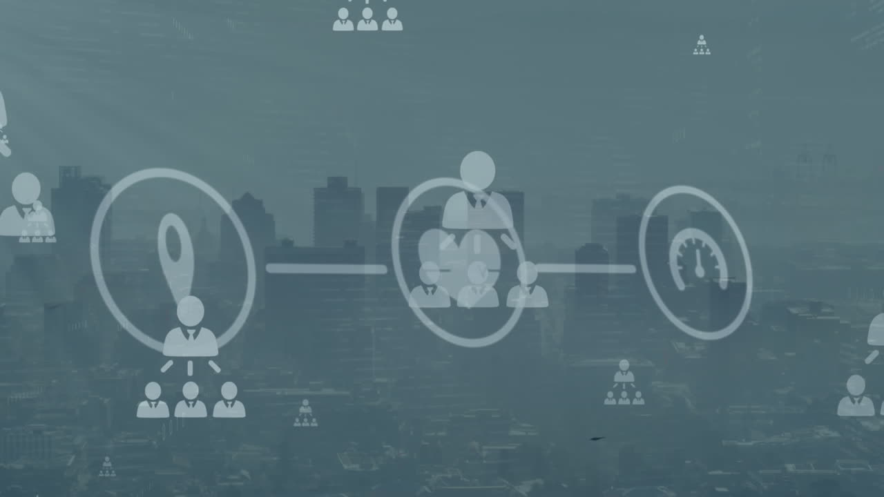 Animazione di una rete di icone di profili e digitali, elaborazione dati su vista aerea del paesaggio urbano