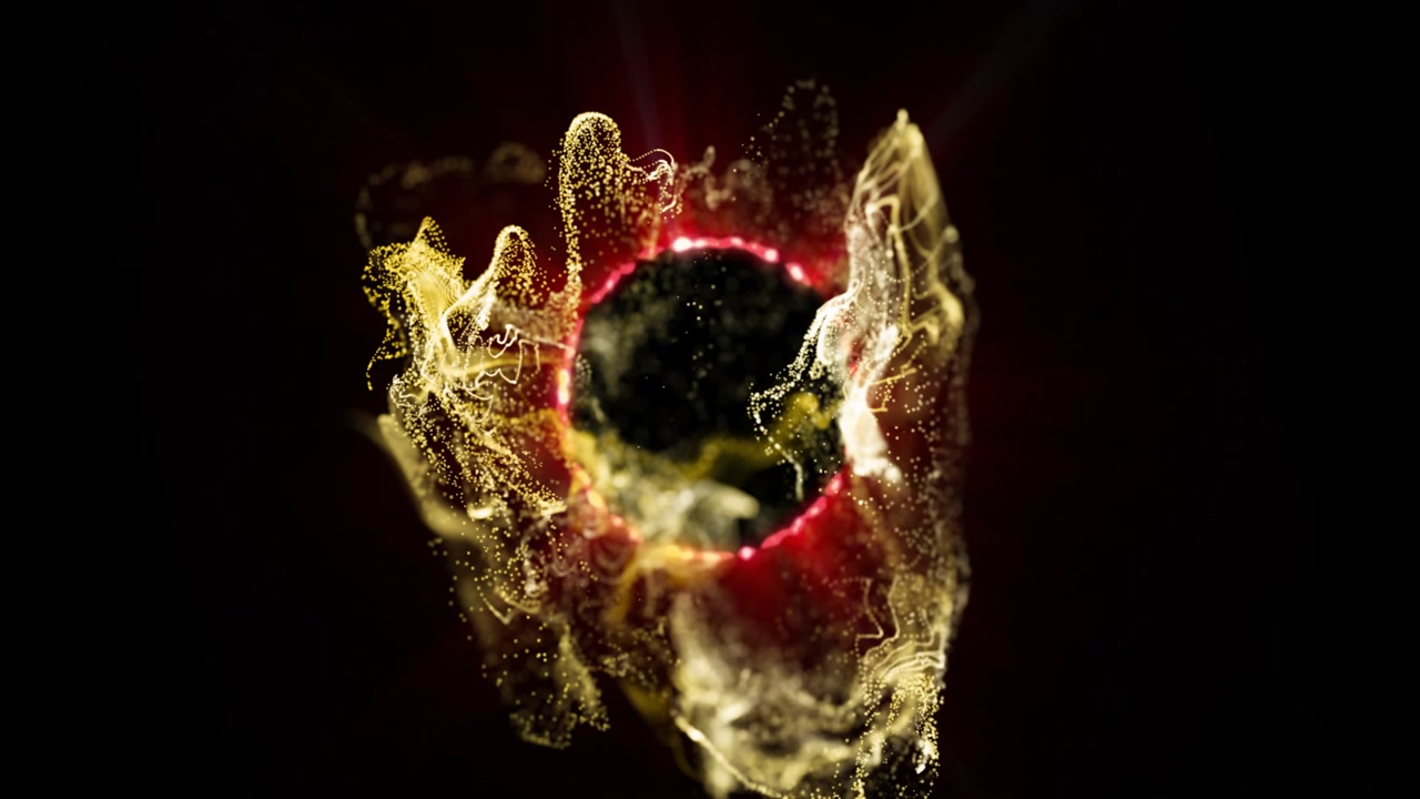Central dark sphere swirling inside red glowing ring while golden particle waves streaming outward