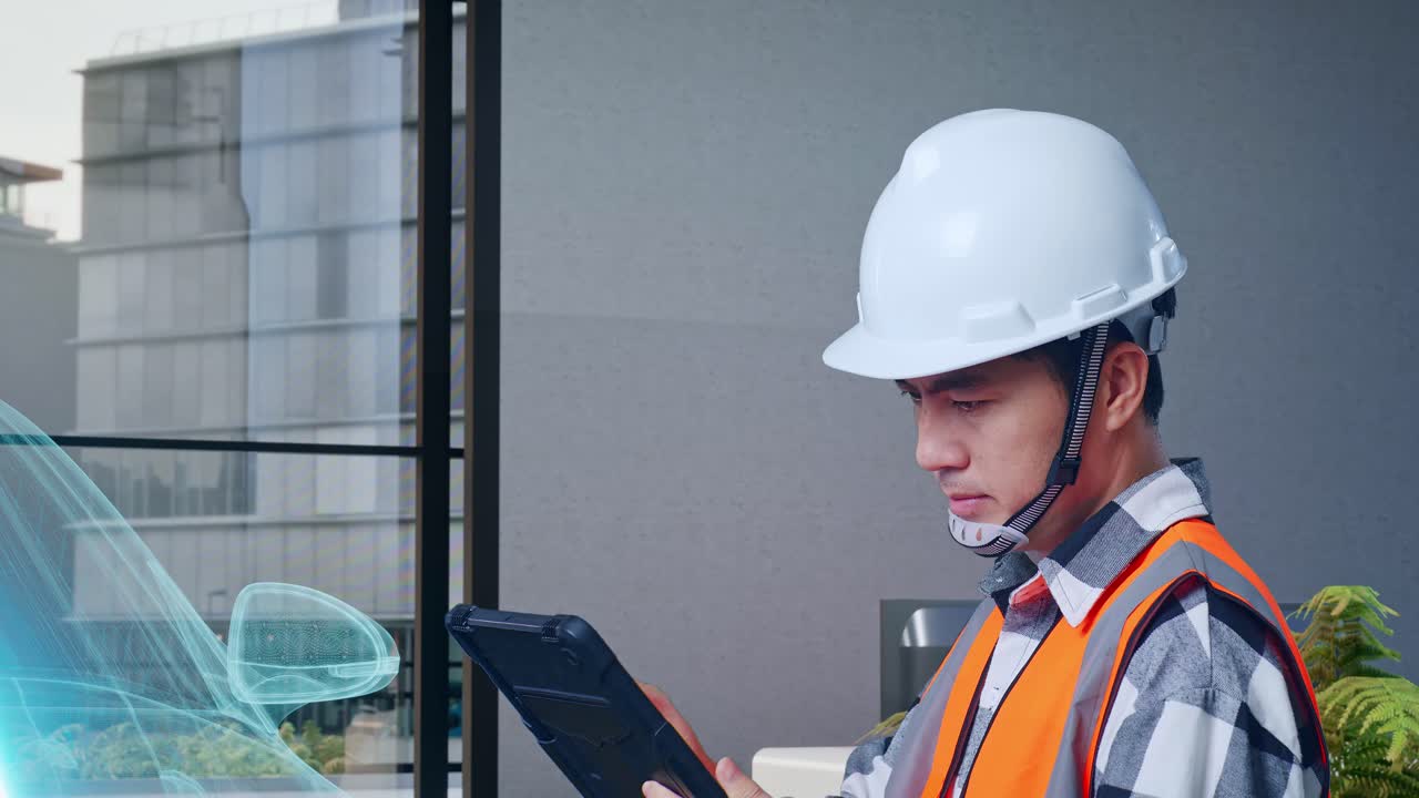 vista lateral cercana de un ingeniero masculino asiático con casco de seguridad trabajando en una tableta mientras está de pie con el concepto de vehículo eléctrico, instalación industrial de alta tecnología