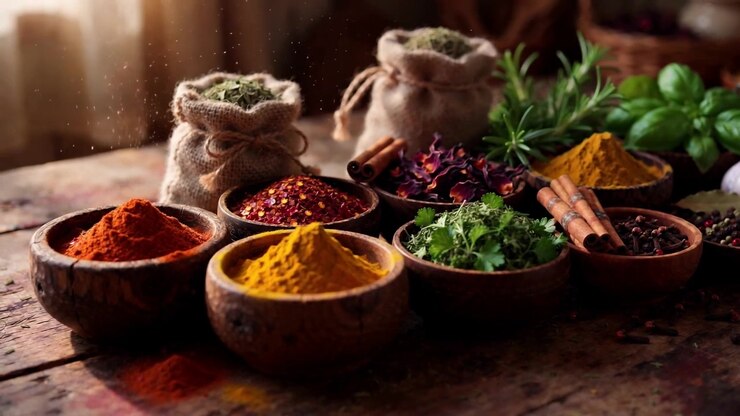 Assorted Colorful Spices And Dried Herbs Arranged Beautifully In A Rustic Kitchen