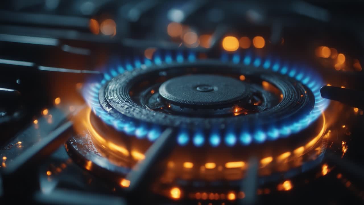 Close-Up of a Gas Burner Igniting with Vibrant Flames in a Domestic Setting, Capturing the Beauty and Power of Natural Gas in Action