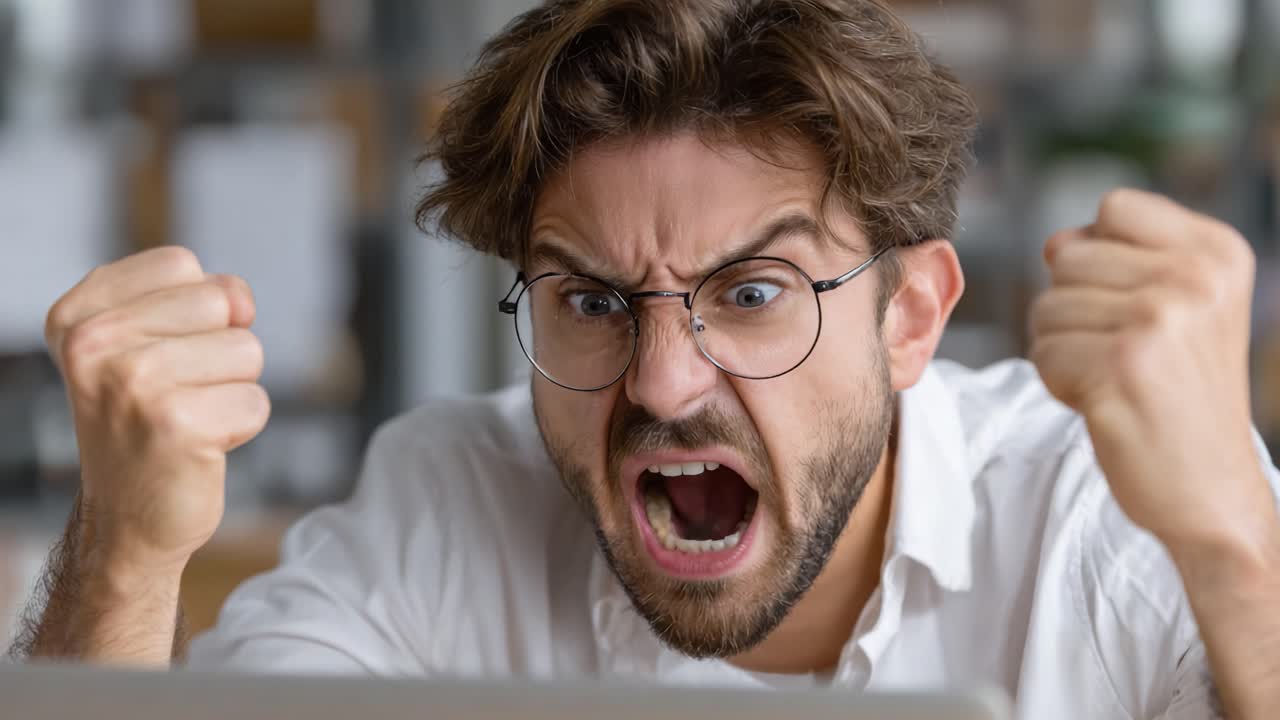 A Frustrated Individual Expressing Intense Anger and Exasperation While Staring at a Computer Screen, Capturing the Depth of Human Emotion in Stressful Situations