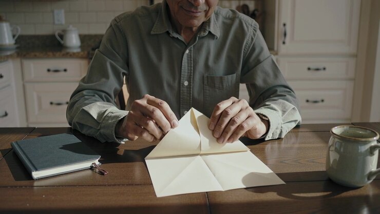 Placing sheet, senior in green shirt folding paper into layered pocket at kitchen table, with mug