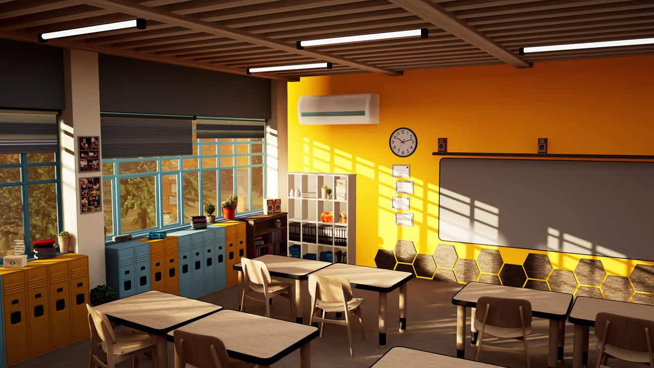 Bright classroom filled with desks waiting for students