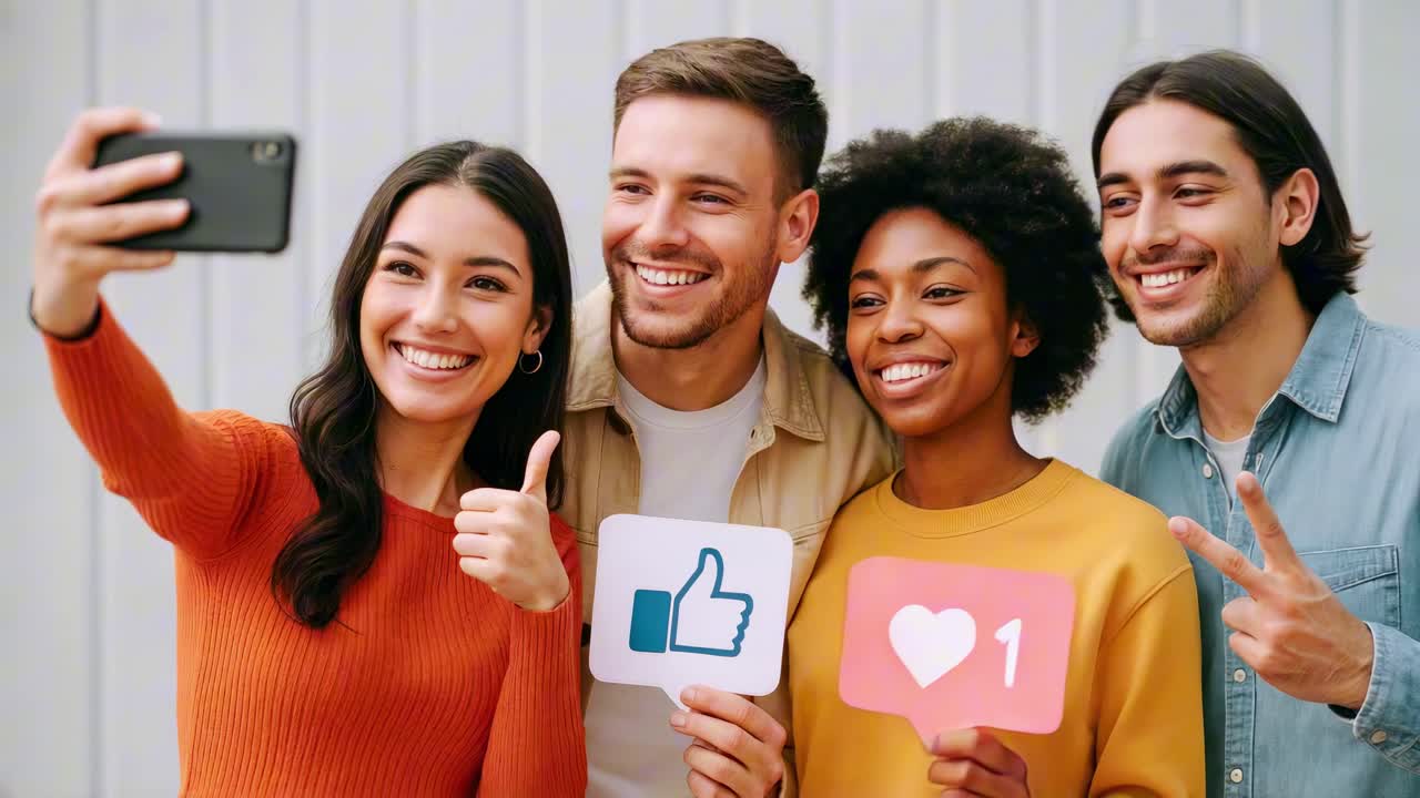 A group of friends taking a selfie with social media icons, shot from a front angle