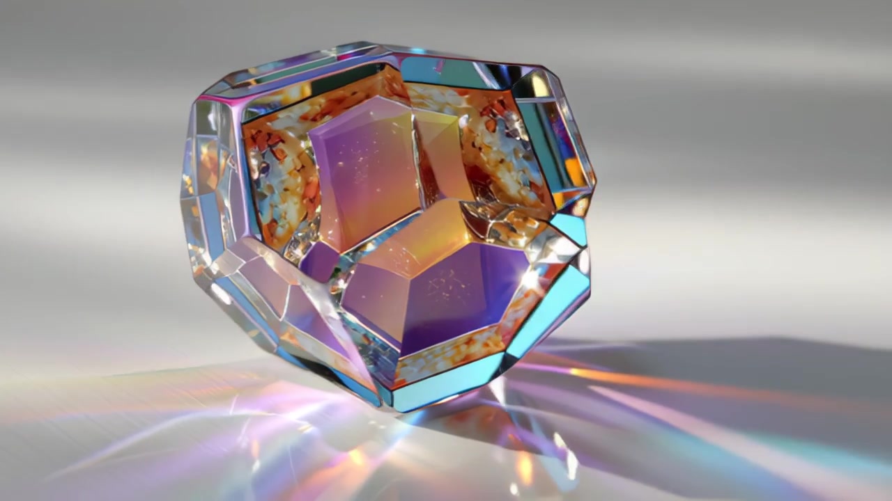 Poliedro di cristallo 3D astratto con rifrazioni iridescenti che ruota su una superficie lucida riflettente, creando strisce di luce colorate e riflessi prismatici su uno sfondo pulito